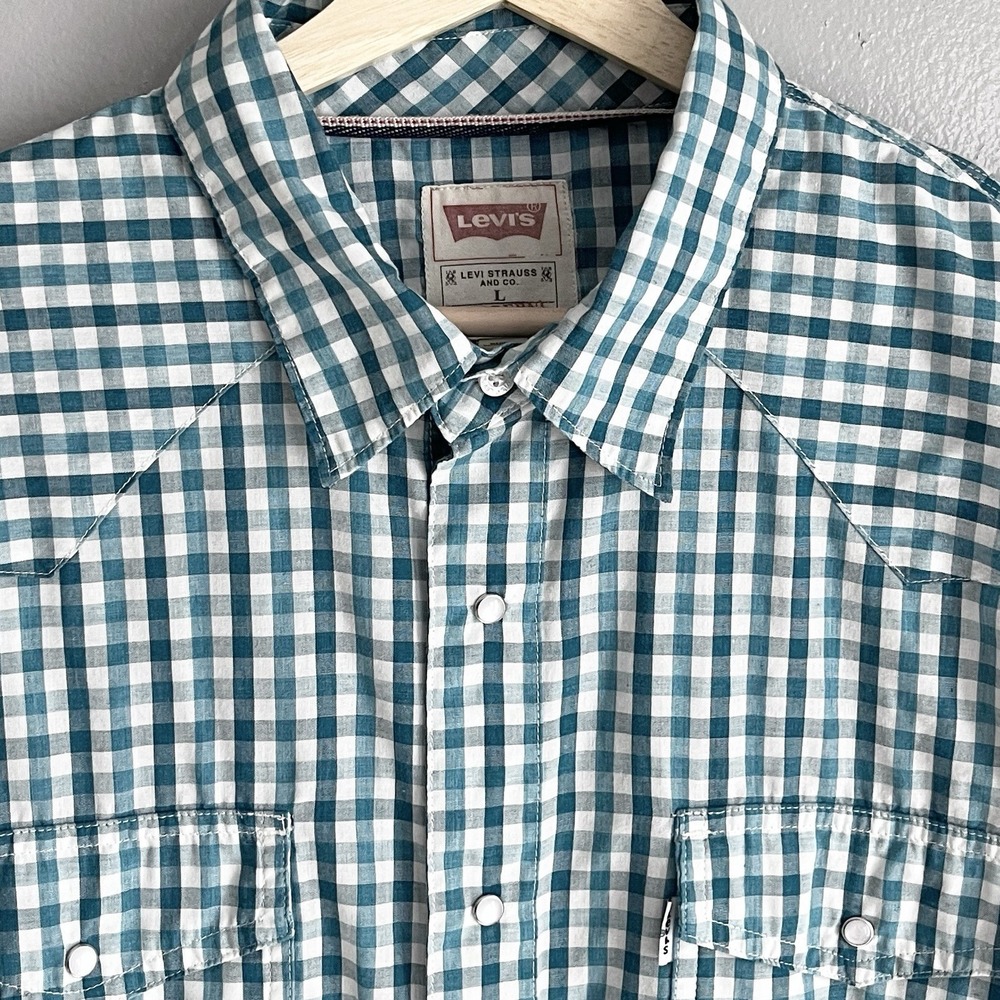 Levi's Men's Teal Gingham Plaid Check Pearl Snap Shirt Western Long Sleeve Large